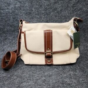 Eddie Bauer Bayshore Canvas Shoulder Bag Handbag Purse Ivory Brown Leather NEW